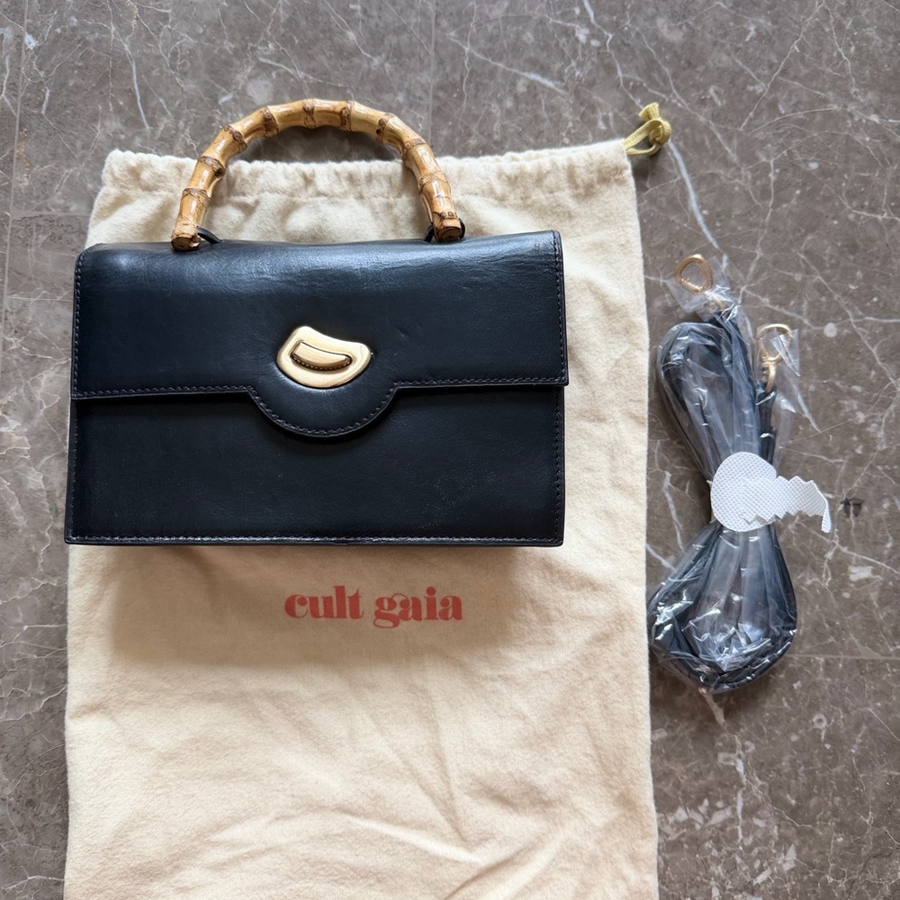 cult gaia Black Leather Mini Top-Handle Bag with Bamboo Handle